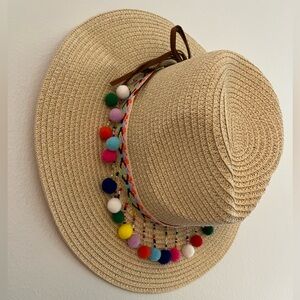 Straw Hat with Colorful Pom poms